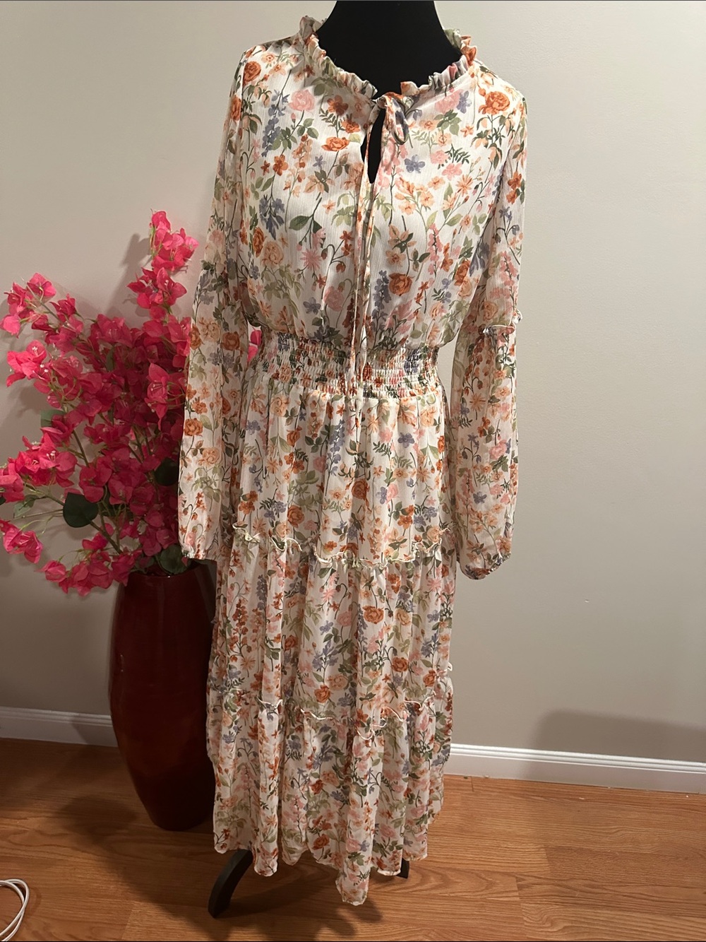 Floral Ruffle Neck Long Sleeve Maxi Dress - White/Floral
